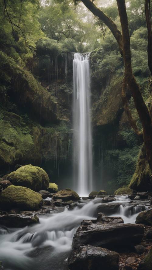 Uma poderosa cachoeira caindo em cascata por uma floresta tranquila, com uma citação motivacional aparente na água caindo.