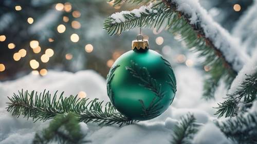 Bola Natal antik berwarna hijau pinus terletak di dahan pohon cemara yang bersalju.