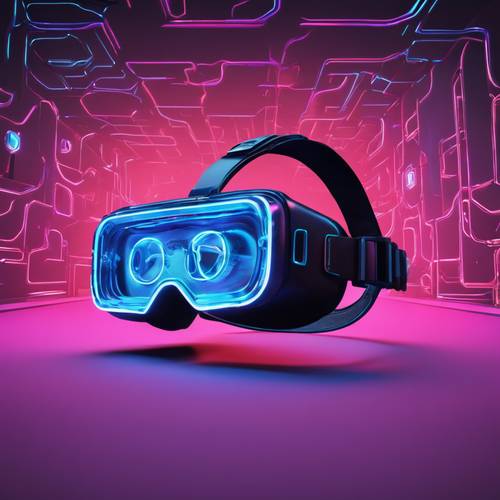 Black virtual reality headset glowing with blue neon lights against a dark environment