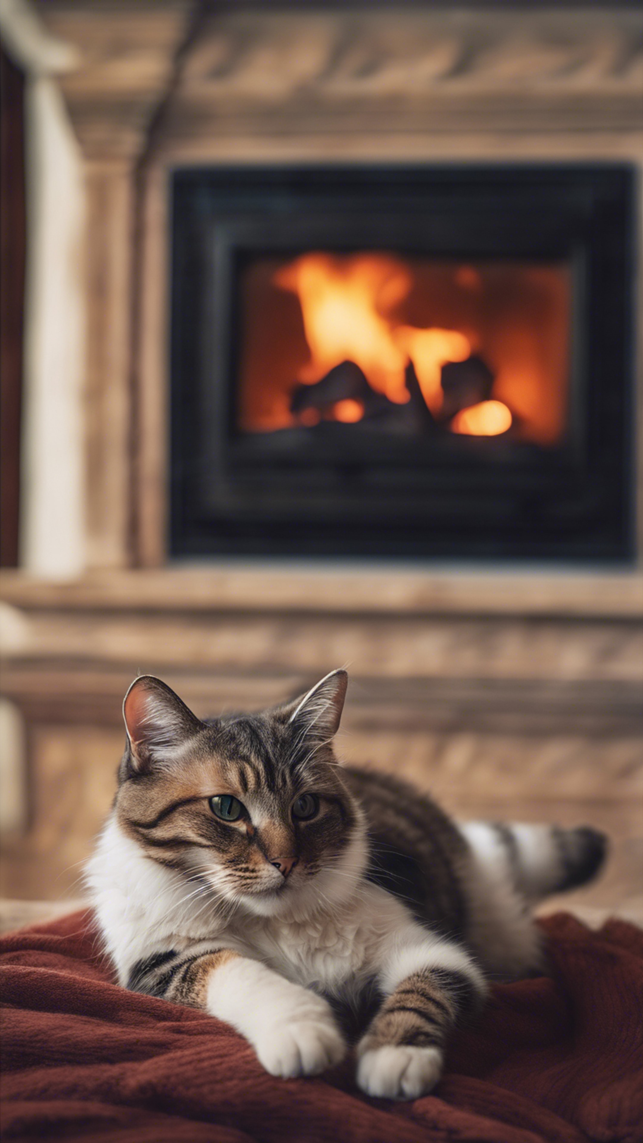A cat lounging in front of a roaring fireplace, completely mesmerized by the flickering flames. Tapet[f30d5ca7e04c497dade0]