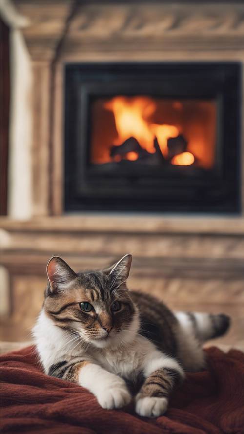 一只猫懒洋洋地躺在熊熊燃烧的壁炉前，完全被摇曳的火焰迷住了。