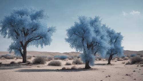 A surreal image of blue trees in a gray desert under a cloudless sky.