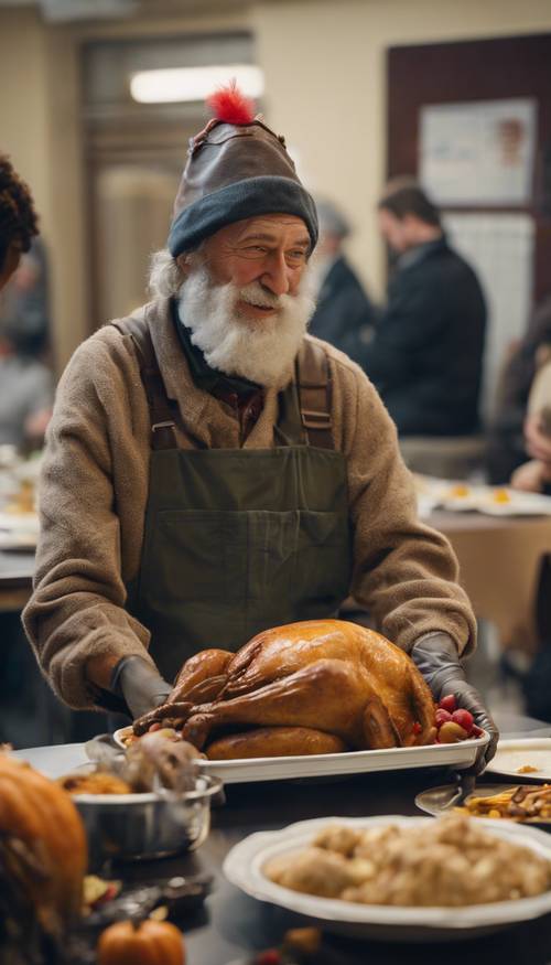 A touching scene of a homeless shelter serving Thanksgiving dinner with a volunteer dressed in a Turkey costume for entertainment.