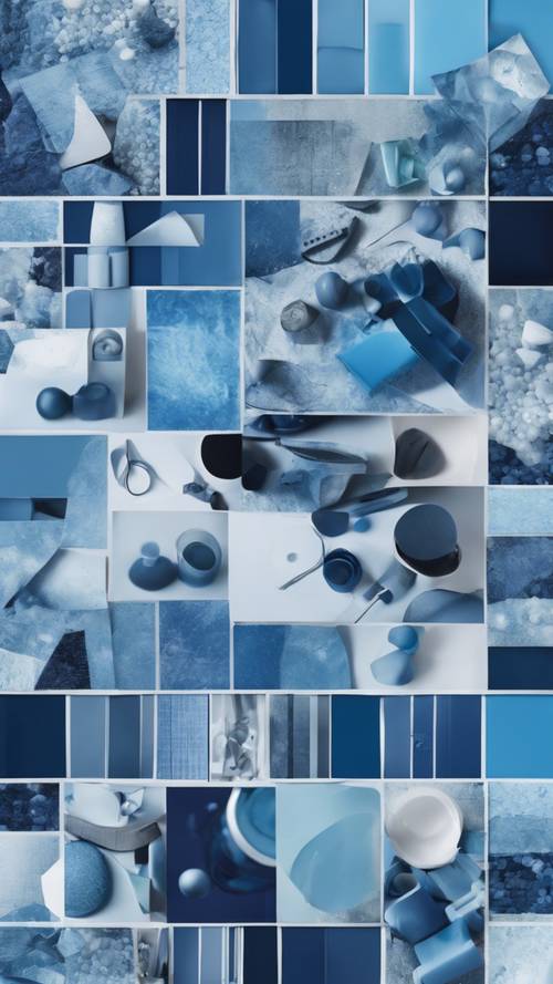 An abstract collage of blue objects with various shades, from navy blue to baby blue.