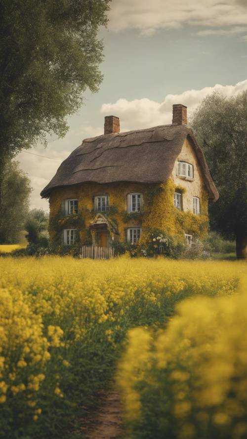 A quaint cottage nestled in a mustard field whispers the wise words 'It is the sweet, simple things of life which are the real ones after all'.