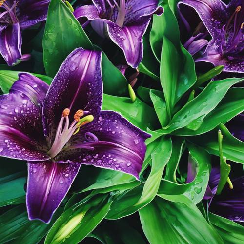 A purple lily surrounded by vibrant green leaves, viewed from above. Tapeta [7045a23a430240caa50e]