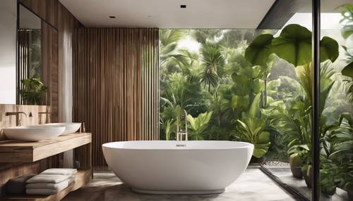 Ein modernes tropisches Badezimmer mit freistehender Badewanne und Blick auf einen privaten Garten.