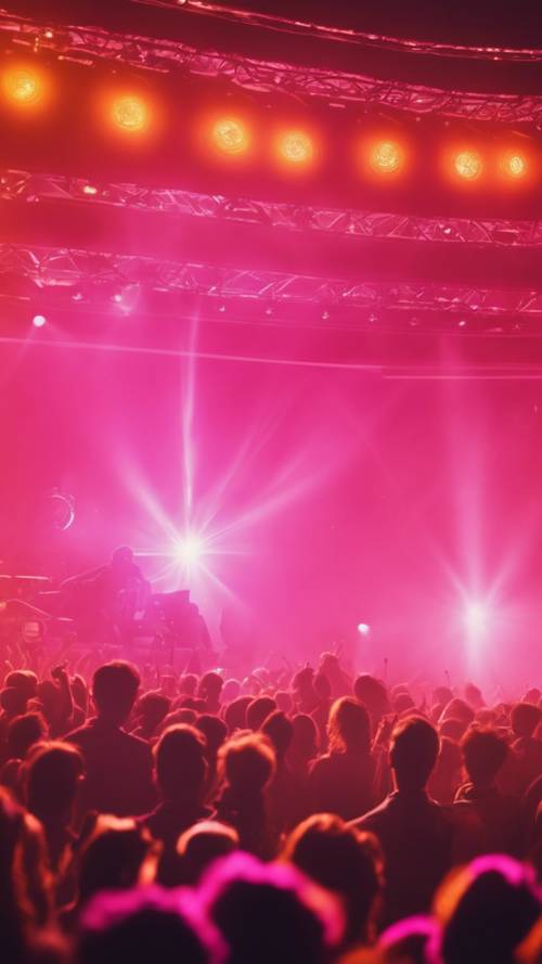 Ярко-оранжевые вспышки музыкального концерта 80-х с розовым освещением сцены.