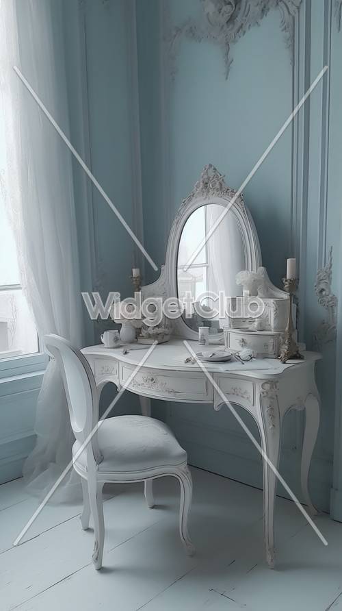 ヴィンテージ調の白い化粧台がおしゃれな青い部屋