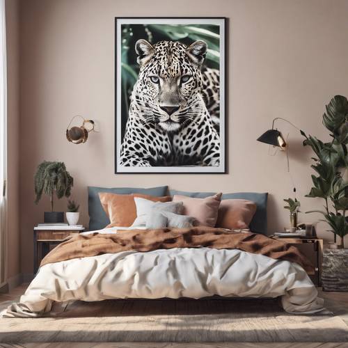 La habitación de un adolescente moderna con carteles y cojines con estampado de leopardo