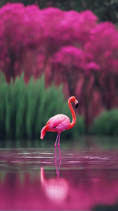 A vibrant magenta flamingo in its natural habitat, standing single-legged amidst a shallow and glassy pond.