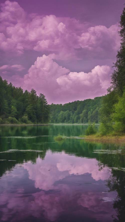 Yeşil bir orman gölünün sakin yüzeyine yansıyan gerçeküstü mor bir gökyüzü.