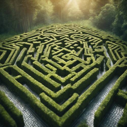 Un labirinto a forma di diamante in una foresta incantata.