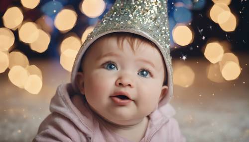 A chubby toddler making a funny face, wearing a big, sparkly New Year's hat.