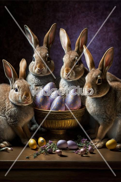 부활절 토끼와 장식된 달걀