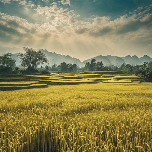 Yellow Chinese paddy fields rippling in the breeze under a blue, cloud-specked sky. Tapet [59a04b8cda2644949dfd]
