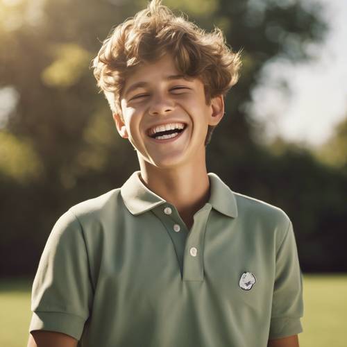 Ein Teenager in einem adretten Poloshirt in Salbeigrün lacht auf einem sonnenbeschienenen Rasen.