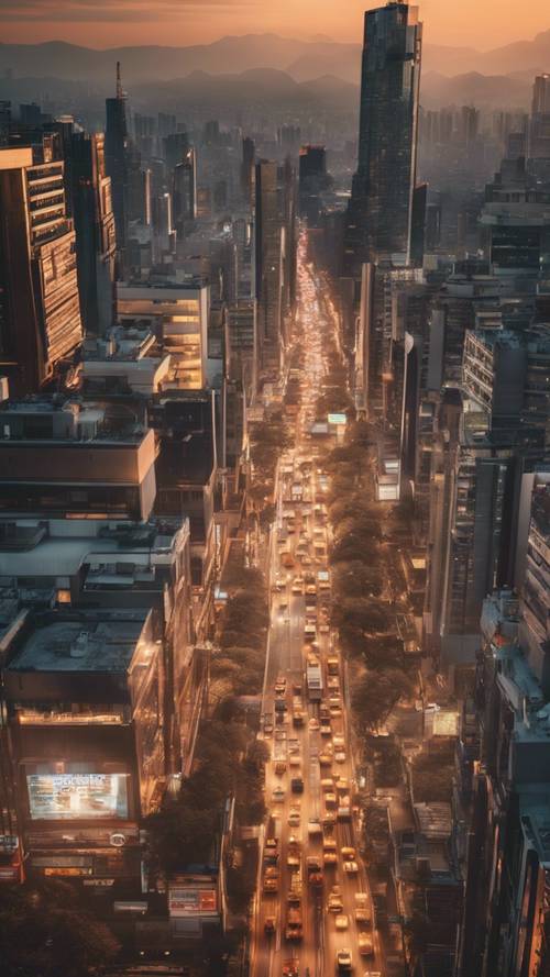 A bustling cityscape at sunset with towering skyscrapers and busy traffic. Tapet [92141293298a4ec6a91b]