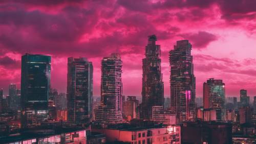 A cityscape at dusk highlighted with skyscrapers and hot pink clouds..