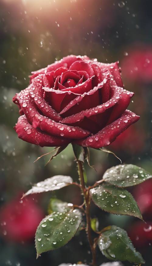 Pemandangan dari dekat bunga mawar merah halus yang mekar penuh, dengan tetesan embun menempel di kelopaknya yang cerah.