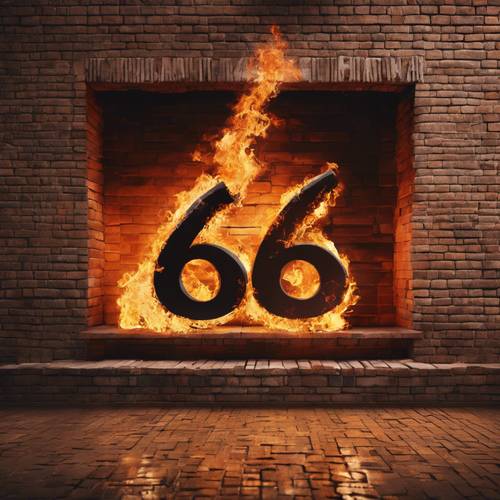 Um número flamejante &#39;6666&#39; brilhando contra um fundo de parede de tijolos rústicos.