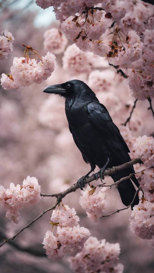 Burung gagak yang masih hidup dan murung bertengger di dahan bunga sakura yang sedang mekar.