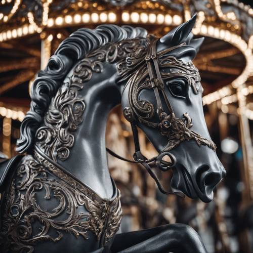 A black and gray carousel horse with intricate, detailed designs.