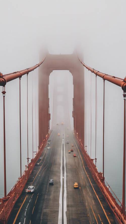 A view of the Golden Gate Bridge barely visible through thick fog.
