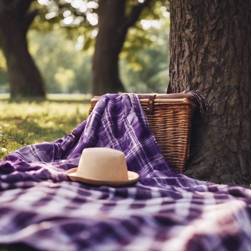 Primo piano di una coperta da picnic in plaid viola, stesa sotto un albero ombroso
