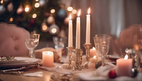 Candles in pastel shades lighting up a Christmas dinner table. Wallpaper [a308435612e34639946e]