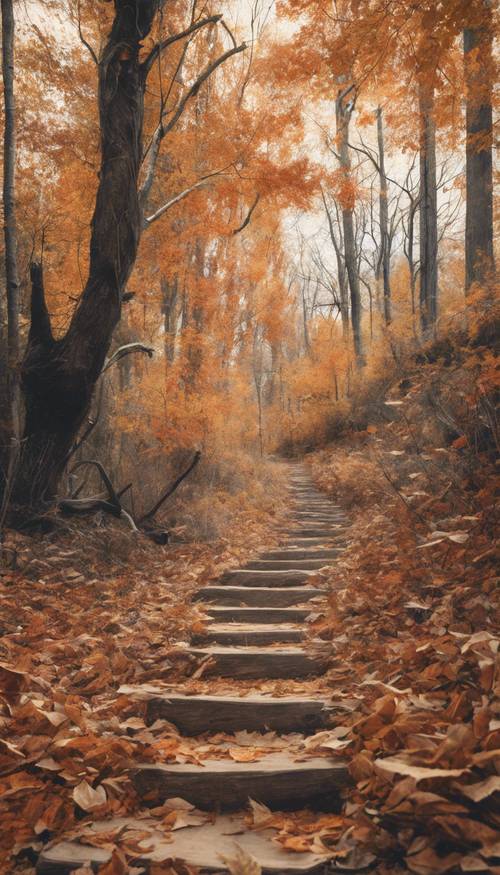 A watercolor piece of a hiking trail covered in dried fall leaves in a secluded forest.