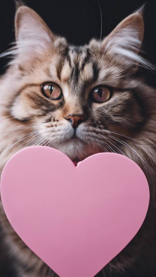 一只猫，额头上的毛呈粉红色心形图案。