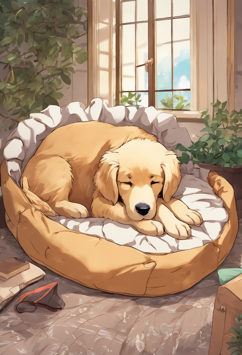 A tender scene of an anime-styled Golden Retriever puppy napping in a cozy dog bed. Wallpaper[09ad6c31006647ec91f7]