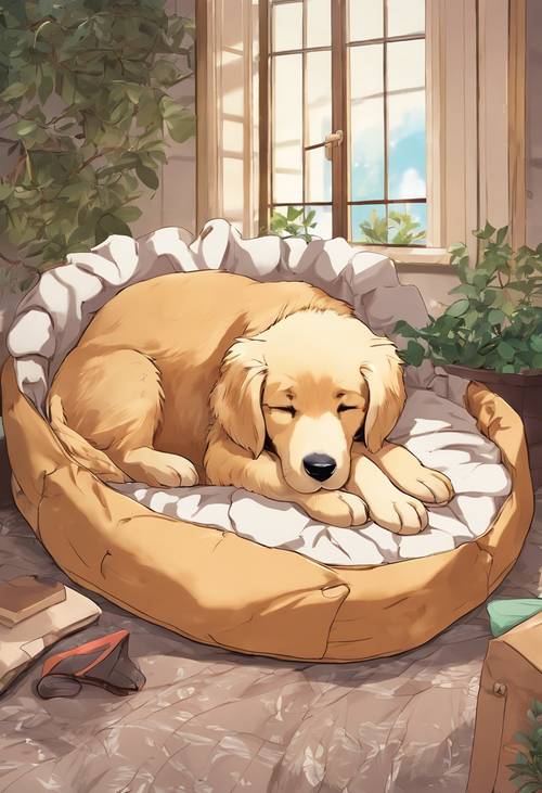Eine zarte Szene mit einem Golden Retriever-Welpen im Anime-Stil, der in einem gemütlichen Hundebett ein Nickerchen macht.