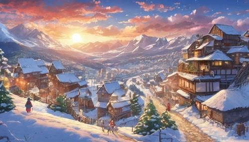 Una pintoresca imagen de anime de un pueblo en la cima de una montaña nevada abriendo sus regalos en la mañana de Navidad.