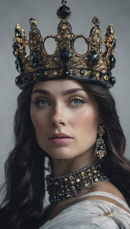 Majestatyczna korona z czarnego diamentu noszona przez królową na renesansowym obrazie.