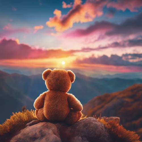 Uma montanha com a aparência de um lindo ursinho de pelúcia durante um pôr do sol vibrante e colorido.