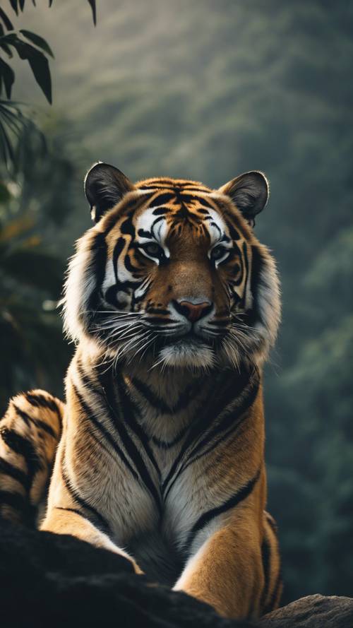 Pemandangan pegunungan berkabut dalam suasana tropis gelap dengan siluet harimau Bengal.