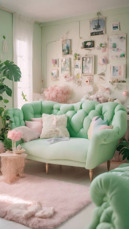 Um quarto em estilo kawaii repleto de móveis e decorações vibrantes em verde pastel.