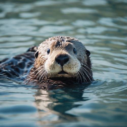An adorable sea otter floating on its back in a clear blue sea. Tapeta [4a6653c606fa4cff96c1]