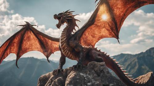 A fire-breathing dragon, its scales glittering with each violent flick of its tail, perched high on a rocky mountain peak.