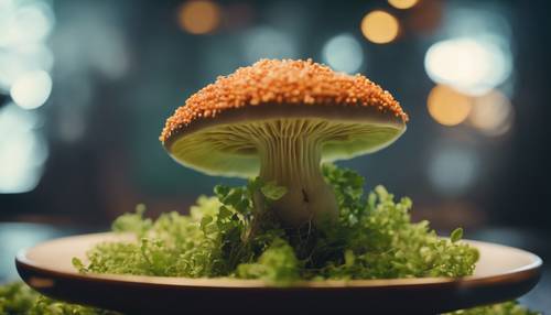 Ein essbarer grüner Pilz in einer Gourmetküche-Präsentation.