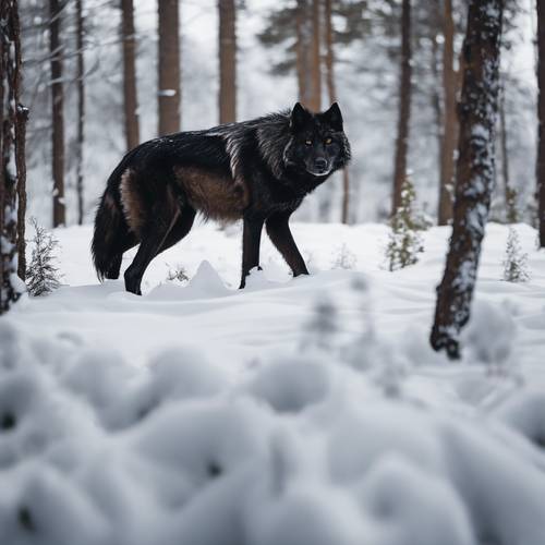 Ein majestätischer Kontrast: ein schwarzer Wolf vor dem weißen Schnee, der durch die flüsternden Kiefern streift.