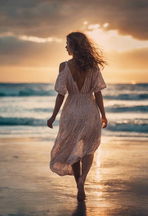 A breathtakingly beautiful woman strolling along a beach at sunset, wearing a breezy summer dress.