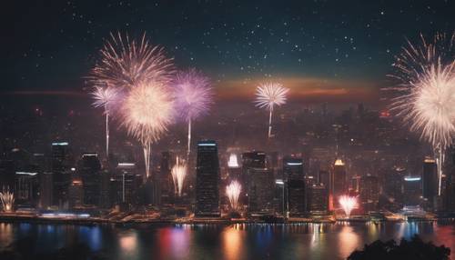 An aesthetic display of a city skyline lit up by numerous New Year's fireworks.