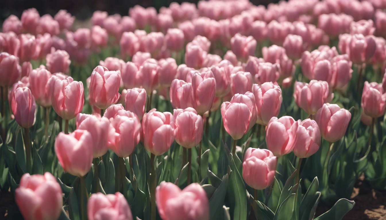 A photo of a garden with baby pink tulips Behang[ea2ba022c53845adb2d6]