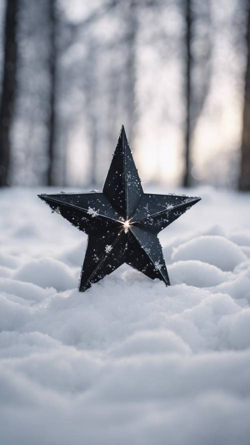 A singular black star glowing in a white snow-covered landscape.