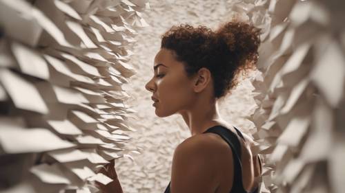 Stunning visual of a woman breaking through a paper wall symbolizing breaking weight loss barriers.