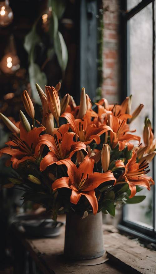 Lys orange foncé dans un magasin de fleurs rustique au début de l&#39;aube.