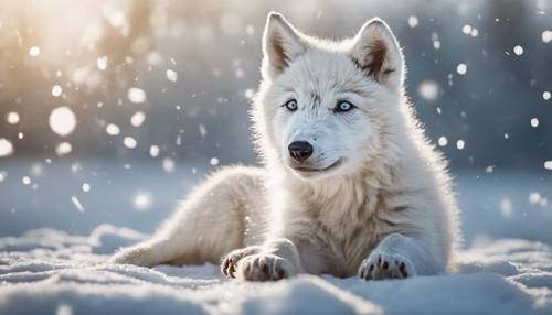 جرو ذئب أبيض يراقب بفضول ندفة ثلج عائمة.